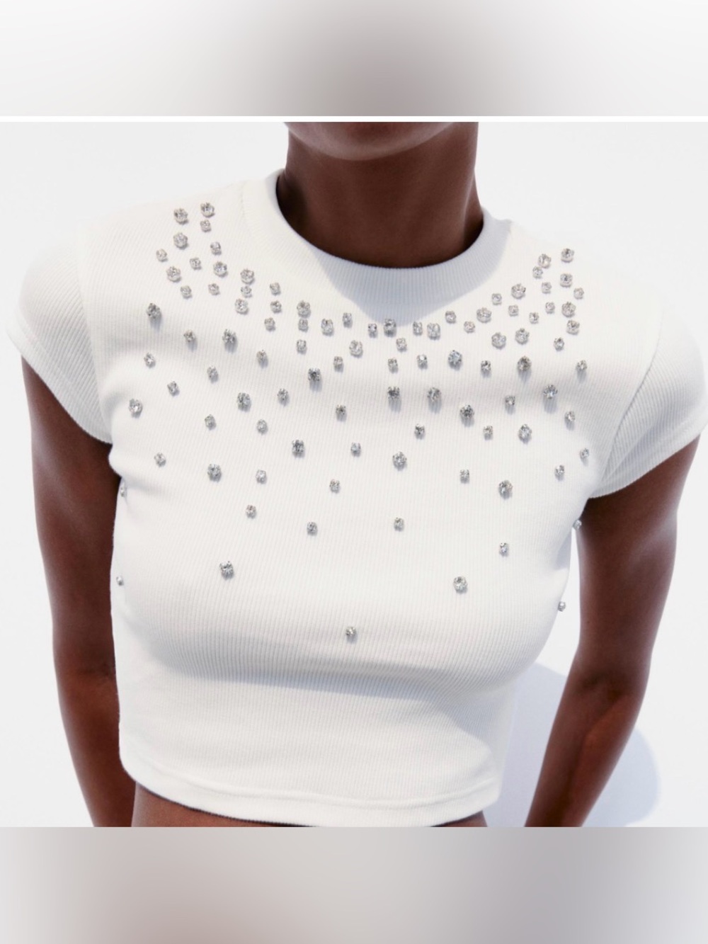 ZARA Rhinestone Accent Cropped Knit Short Sleeve Top Off White Cream S NWT